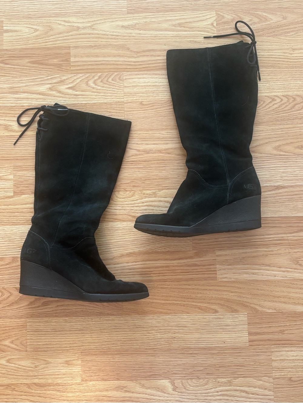 UGG Dawna Black Suede Waterproof Wedge Boots Knee High Size 8.5 read desc.